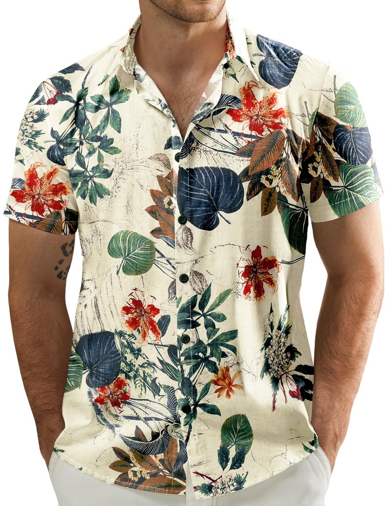 JOGAL Men's Flower Casual Button Down Short Sleeve Hawaiian Shirt Large White - Image 1